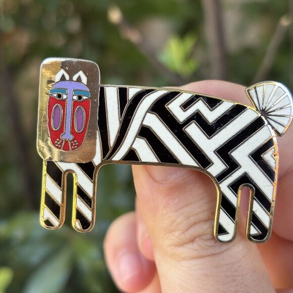 Vintage Laurel Burch Black White Enamel Zzzebra Gold Tone Cat Brooch Pin - Picture 4 of 6